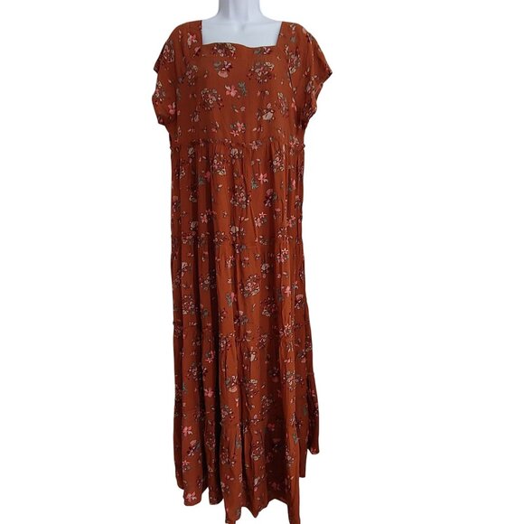 Natural Life Brown Floral Tiered Granola Soft Girl Square Neck Cottage Dress L - Picture 2 of 14